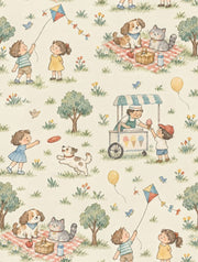 Children In The Park Picnic Wallpaper Watercolor Pastel Pattern design