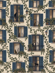 European Facade Wallpaper Blue Shutters Cream Background design