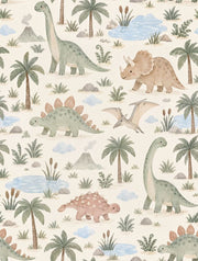 Watercolor Dinosaur Landscape Wallpaper Pastel Cream And Sage Green design
