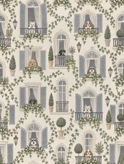 French Apartment Facade Wallpaper Arched Windows And Dogs design