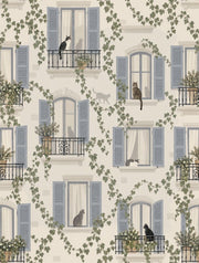 Paris Apartment Windows Wallpaper Cats And Ivy Pattern design