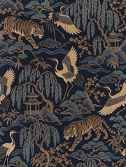 Tiger And Crane Wallpaper Dark Chinoiserie Scenic Pattern design