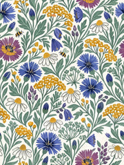 Wildflower And Bee Wallpaper Blue Purple Floral On White Background design