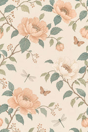 Peach Flowers Butterflies Wallpaper Cream Background design