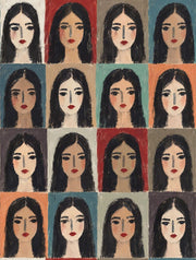 Repeated Female Portraits Wallpaper Color Block Grid design