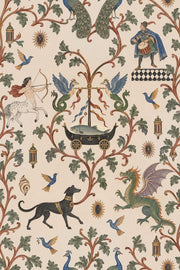 Mythical Creatures And Birds Wallpaper Muted Green Ornamental Pattern design