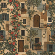 Mediterranean Stone Facade Wallpaper Roses And Shutters design