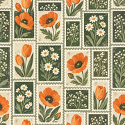 Orange Poppies Wallpaper Postage Stamp Botanical Panels Sage Green design