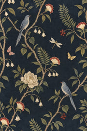 Birds And Botanicals Wallpaper Dark Navy Chinoiserie Floral design