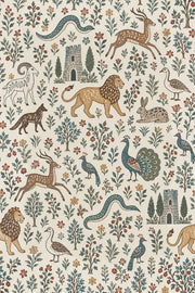 Medieval Bestiary Animals Wallpaper Ivory Background Folk Art design