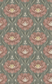 Pink Blossom Wallpaper Symmetrical Sage Green Floral design