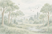 Watercolor Woodland Trees Wallpaper Misty Meadow Wall Mural design
