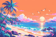 Tropical Beach Sunset Wallpaper Retro Coastal Landscape Wall Mural design