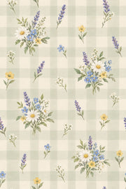 Daisy And Lavender Bouquets Wallpaper Muted Green Plaid design