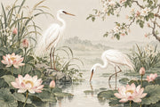 Cranes And Lotus Pond Wallpaper Chinoiserie Floral Wall Mural design