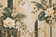 White Orchid And Tropical Leaves Wallpaper Gold Art Deco Wall Mural design