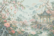 Chinoiserie Garden Pavilion Wallpaper Pastel Floral Landscape Wall Mural design