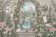 Blue Dress Girl And White Rabbit Wallpaper Storybook Garden Wall Mural design