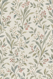 Botanical Vines Wallpaper White Flowers Red Berries Ivory Background design