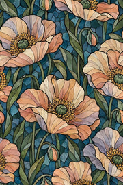 Stained Glass Floral Wallpaper Muted Green Dark Blue Mosaic design