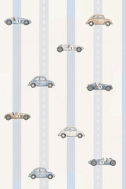 Vintage Cars Wallpaper Road Lane Stripes In Cream And Light Blue design