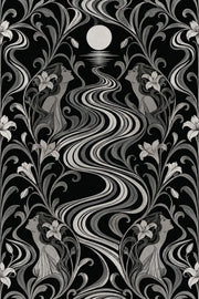 Moonlit River Women Wallpaper Black Silver Art Nouveau Floral design