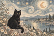 Black Cat Night Seascape Wallpaper Muted Green Wall Mural design