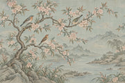 Chinoiserie Blossom Landscape Wallpaper Muted Green Wall Mural design