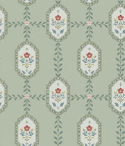 Floral Frame Wallpaper Muted Green Vintage Stripe design