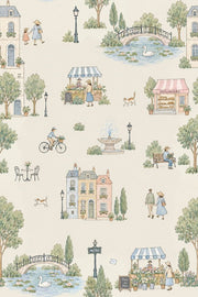 Parisian Street Scene Wallpaper Watercolor Cream Background design