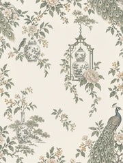 Peacock Chinoiserie Wallpaper Ivory Background Floral Porcelain Vases design