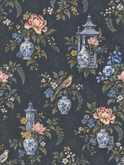 Chinoiserie Vases And Birds Wallpaper Dark Navy Botanical Floral design