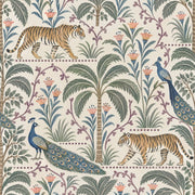 Tiger And Peacock Wallpaper Tropical Botanical Pattern Cream Background design