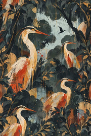Heron Wallpaper Dark Tropical Foliage With Gold Accents design