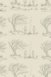 Campfire Landscape Wallpaper Toile Line Drawing Ivory Background design