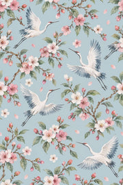 Cranes Wallpaper Cherry Blossom Watercolor Blue Background design