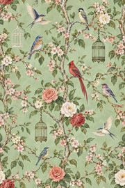 Blossom Birds Wallpaper Sage Green Chinoiserie Pattern design