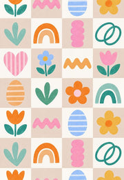 Playful Floral Icons Wallpaper Pastel Rainbow Grid design