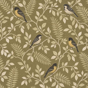 Birds Wallpaper Olive Green Leafy Vines design
