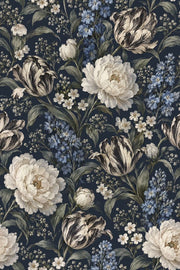 Peony And Tulip Wallpaper Dark Floral Navy Background design