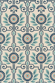 Mediterranean Floral Wallpaper Navy Scrollwork On Cream design