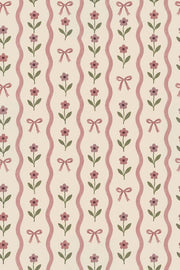 Pink Bow Floral Wallpaper Wavy Striped Cream Background design