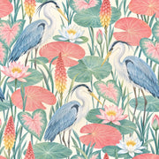 Herons Wallpaper Watercolor Lily Pads In Blue Green design