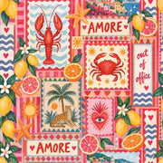 Mediterranean Lemons And Seafood Wallpaper Bright Patchwork Collage design