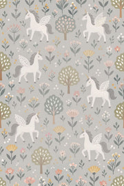 Unicorn Pegasus Wallpaper Light Gray Floral Botanical Pattern design