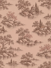 Pastoral Lake Scene Wallpaper Pink Sepia Toile design