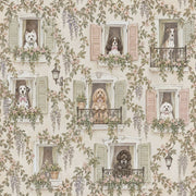 Dogs In European Windows Wallpaper Pastel Shutters And Floral Vines design
