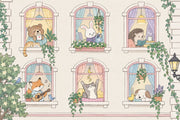 Whimsical Animals In Arched Windows Wallpaper Pastel Garden Facade Wall Mural design