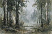 Misty Forest Path Wallpaper Muted Green Woodland Wall Mural design