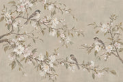 Blossoming Branches And Songbirds Wallpaper Muted Green Chinoiserie Wall Mural design